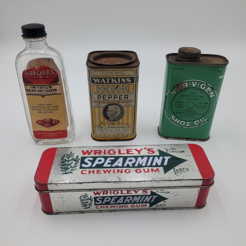 VTG Advertising Tin Lot Watkins Pepper Nor-V-Gen Shoe Oil Wrigleys Gum Bleeckers